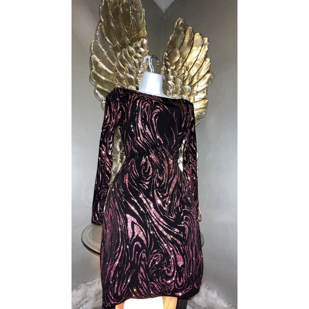 Cache Purple Black Swirl Beaded Long Sleeve Evening Cocktail Dress Sz S